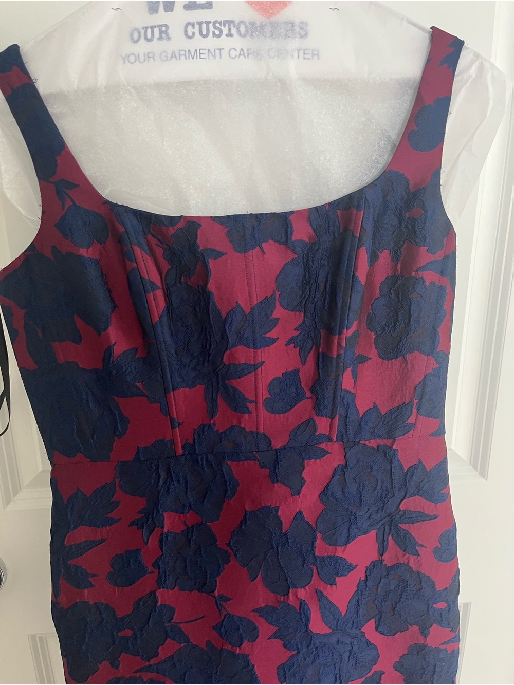 Dessy Collection Navy and Burgundy Floral Jacquard Sleeveless Trumpet Gown - Picture 7 of 8